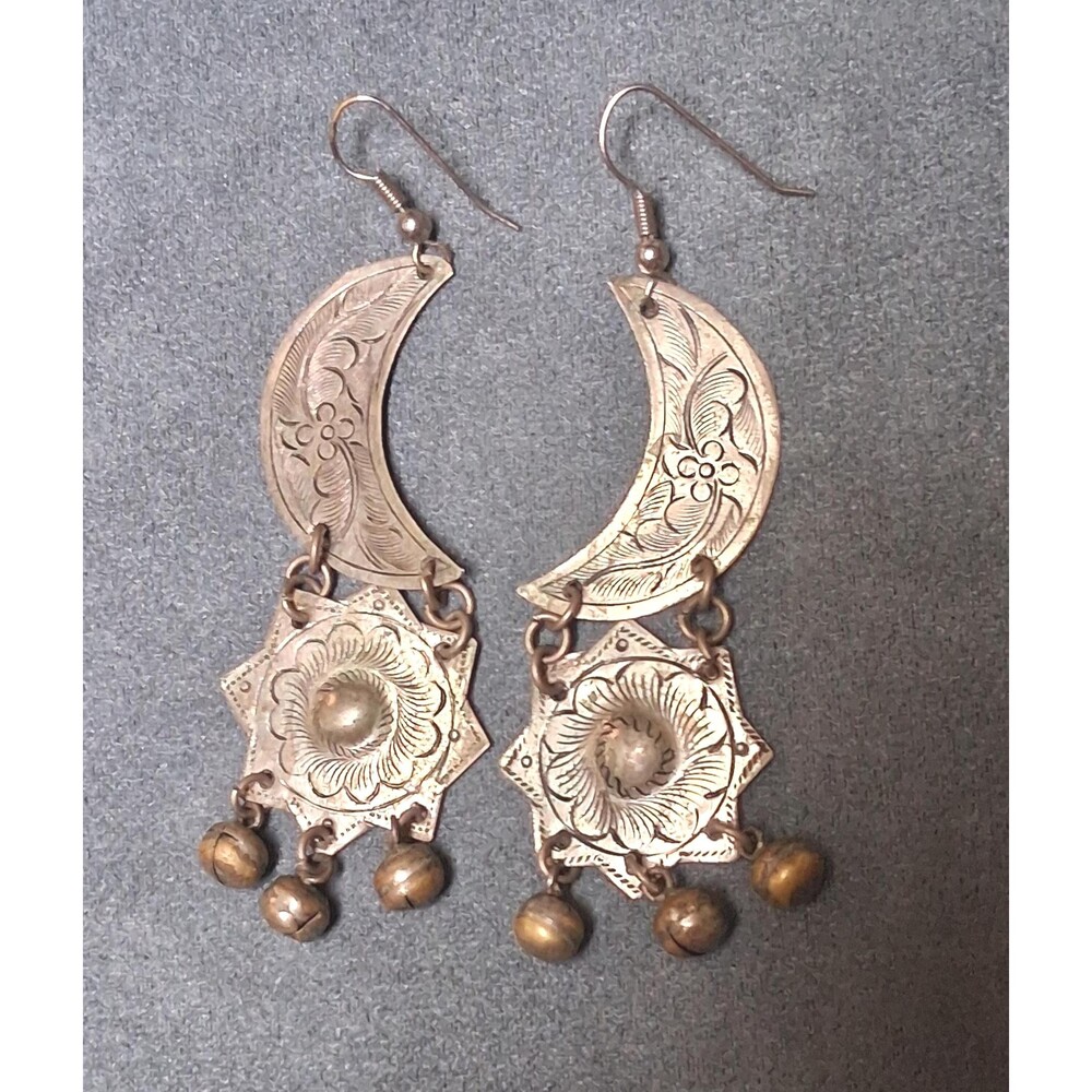 Vintage Silver Tone Crescent Dangle Earrings Boho Tribal